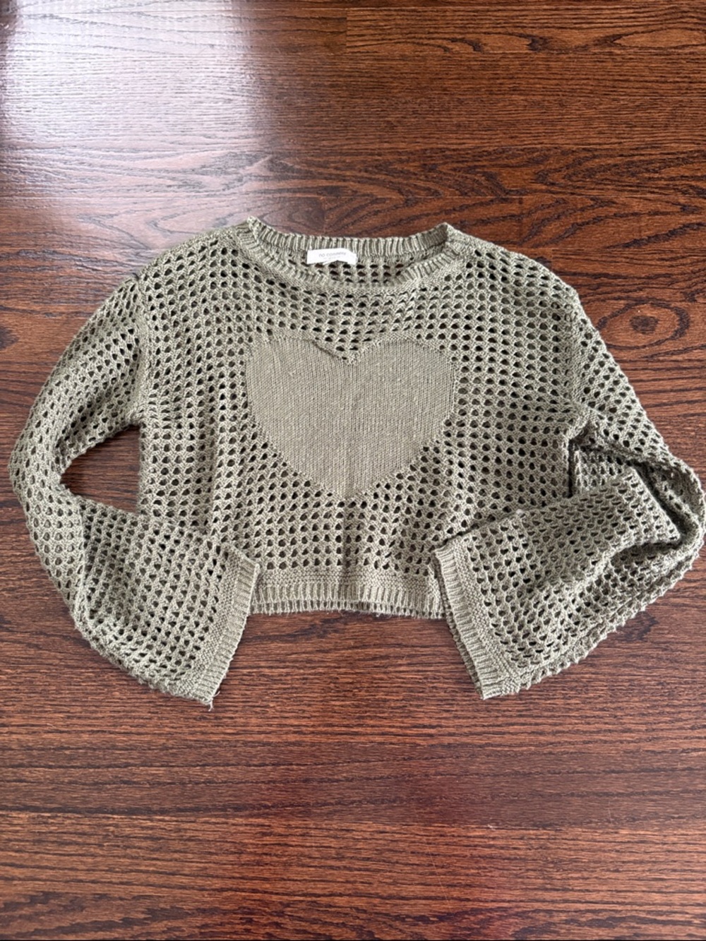 Girls' Olive Open-Knit Heart Crop Sweater